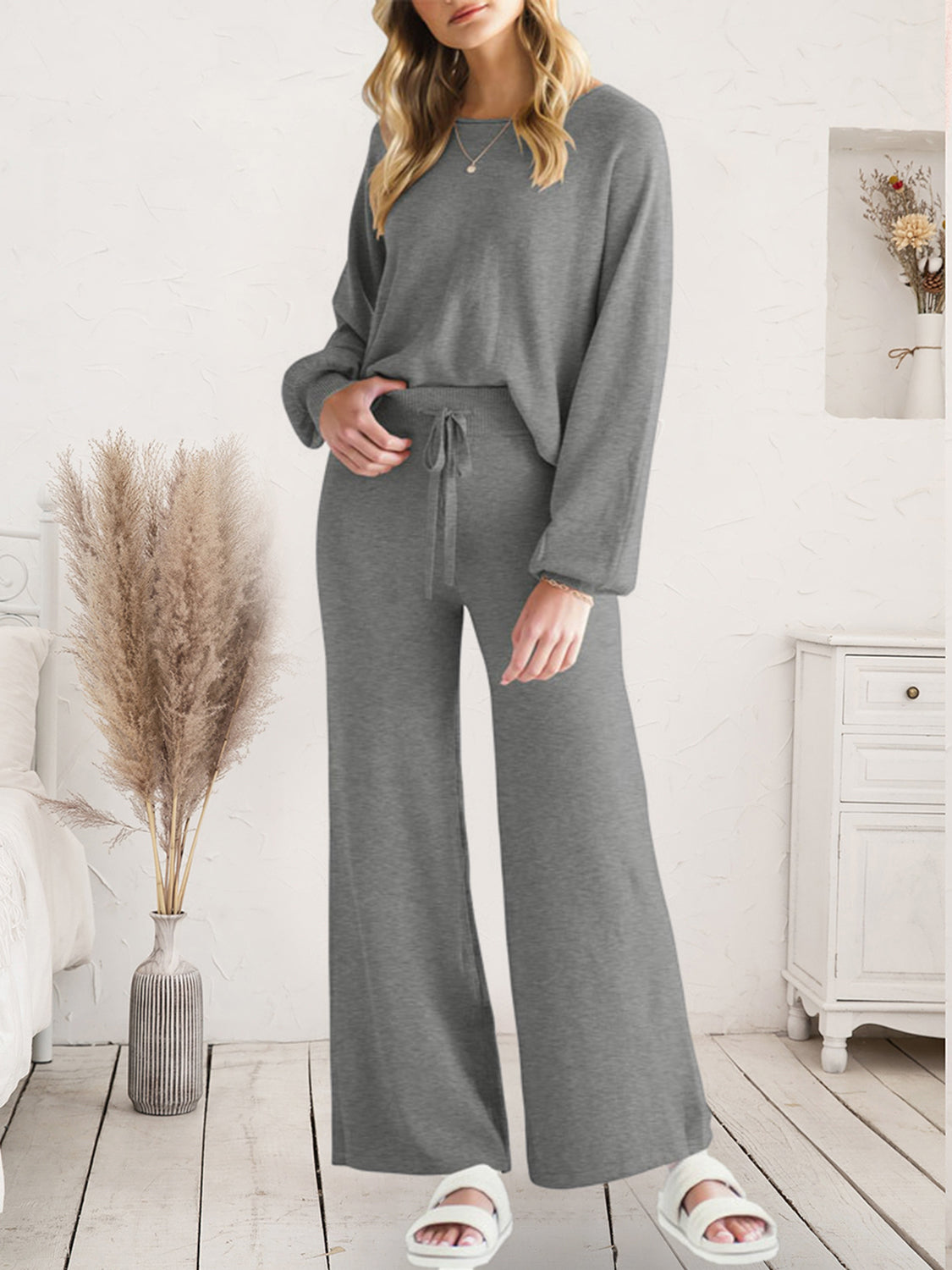 Long Sleeve Lounge Top and Drawstring Pants Set - Ladyez