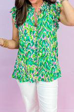 Abstract Print Ruffled Trim Tie Neck Top