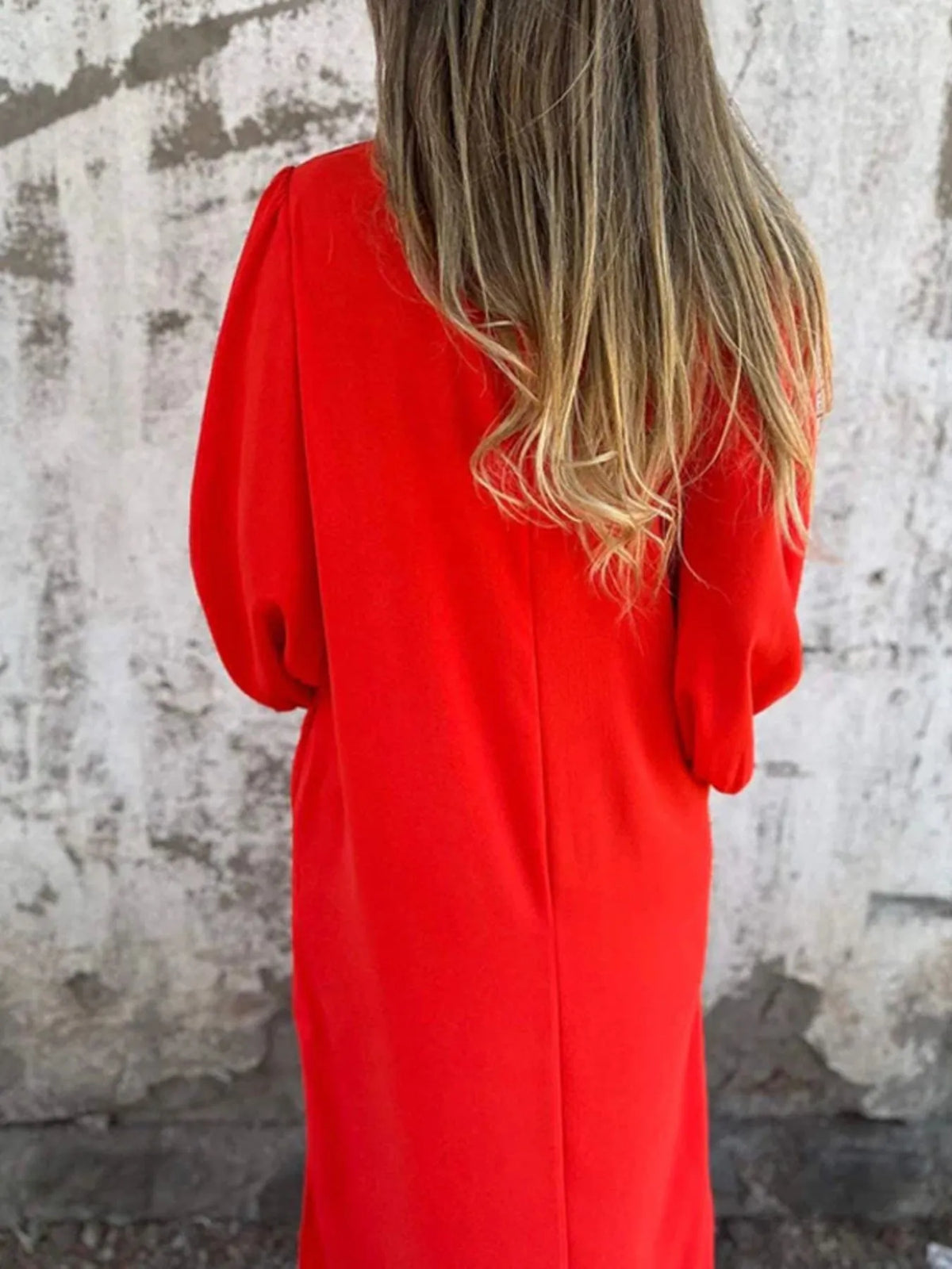 Full Size Slit V-Neck Balloon Sleeve Midi Dress Plus Size