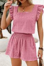 Ruffled Sleeve Textured Top and Shorts Two-Piece Set
