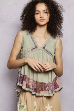 POL Lace Detail Ruffled Ribbed Sleeveless Top with Floral Pattern Trim Detail