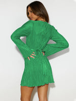Tied Plunge Flare Sleeve Mini Dress - Ladyez