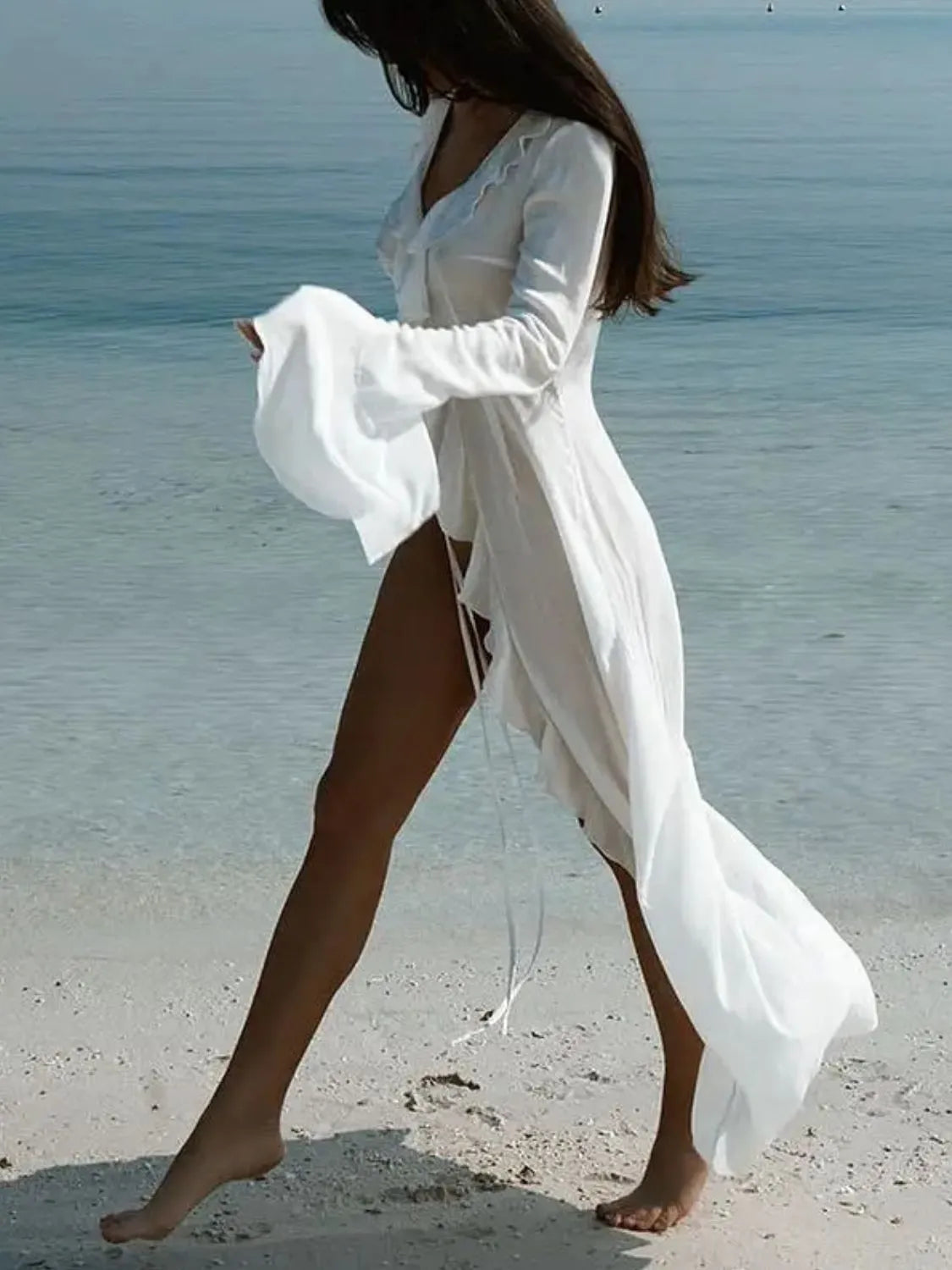 Ruffled Long Sleeve Cover-Up Dress - Ladyez