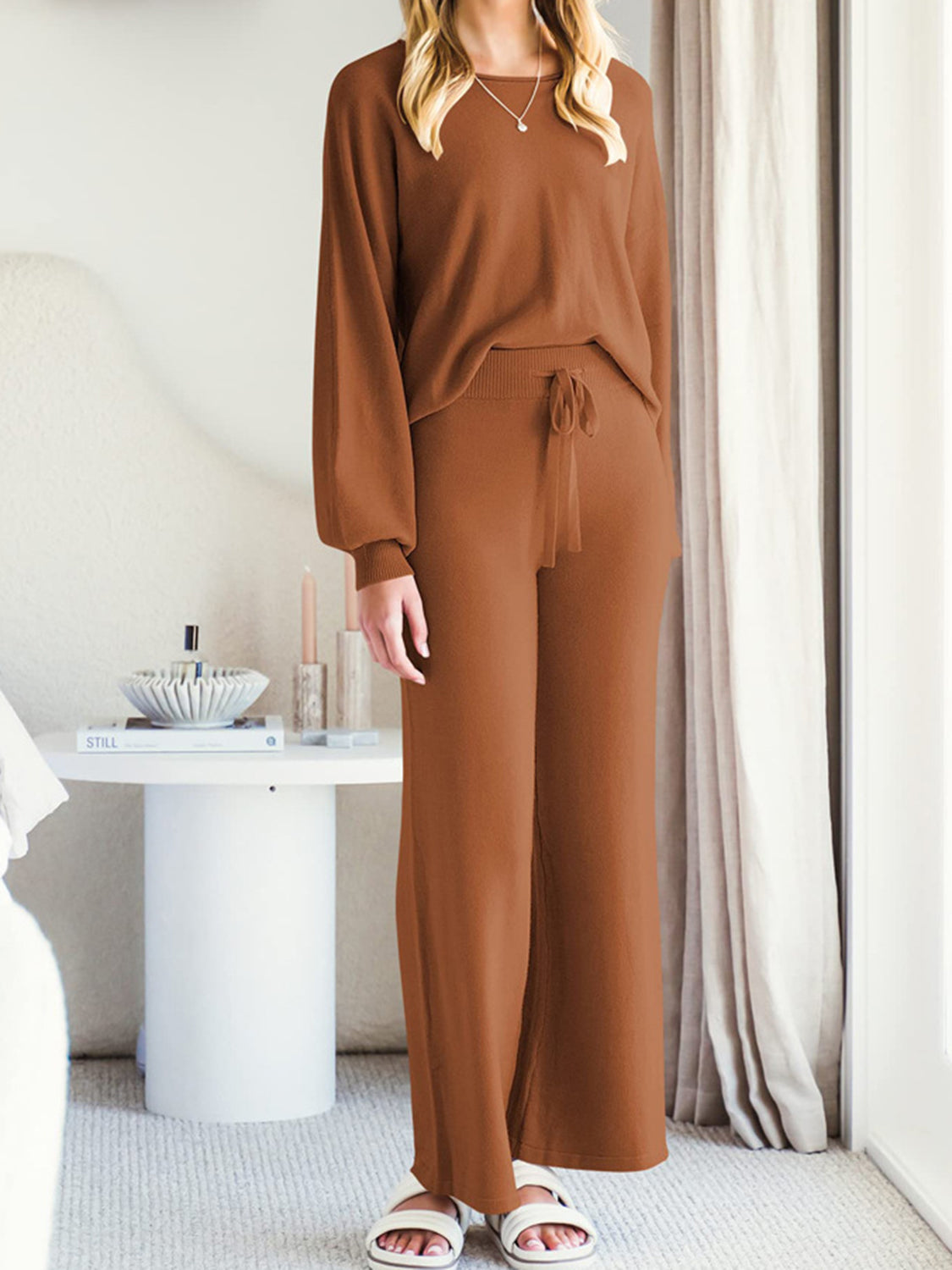 Long Sleeve Lounge Top and Drawstring Pants Set - Ladyez