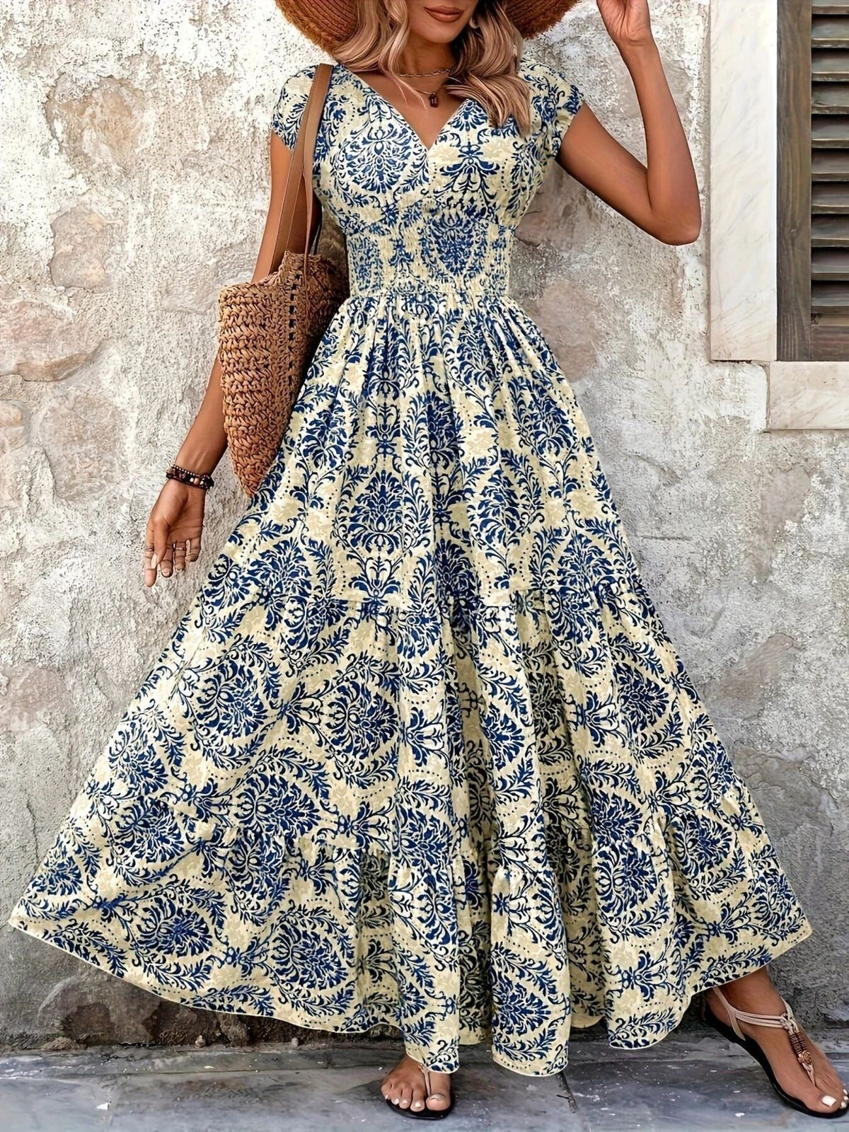 Printed Cap Sleeve Maxi Dress