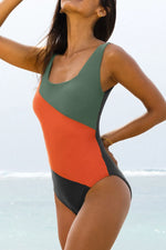 Color Block Padded Square Neck One Piece Swimsuit - Ladyez