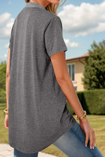 Full Size Half Button Short Sleeve T-Shirt - Ladyez