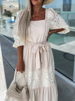 Lace Sleeve Belted Tiered Ruffled Maxi Dress