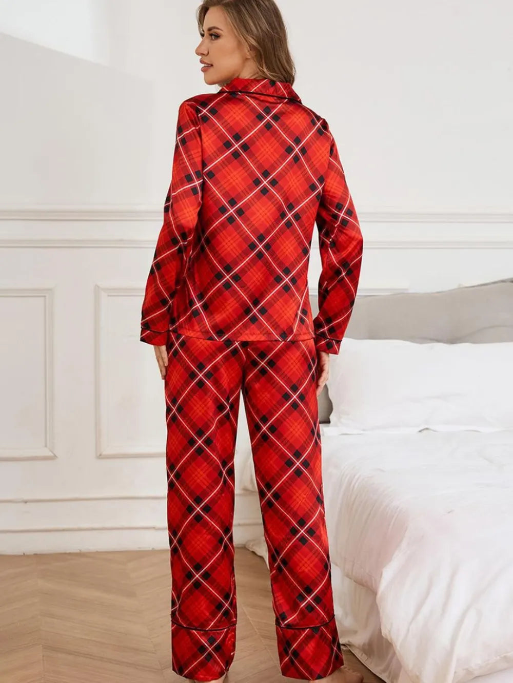 Plaid Button Up Long Sleeve Top and Pants Lounge Set - Ladyez
