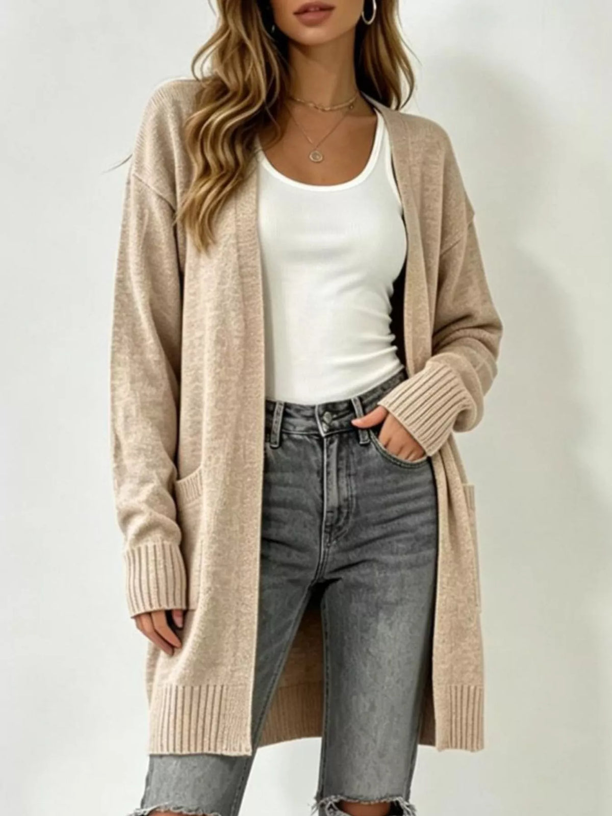 Full Size Open-Front Longline Knit Cardigan Plus Size