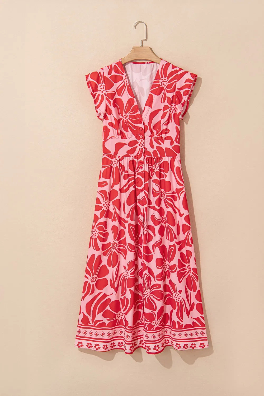 FloralRuffled V-Neck Midi Dress with Button Front