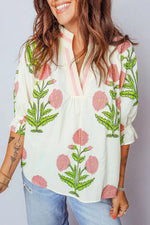 Floral Print Notched Ruffled Sleeve Blouse