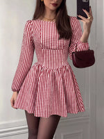 Backless Plaid Long Sleeve Dress