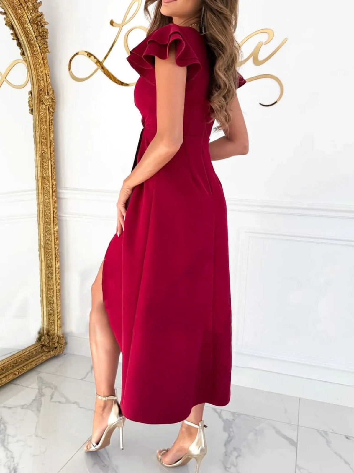 Surplice Ruffled Cap Sleeve Dress - Ladyez
