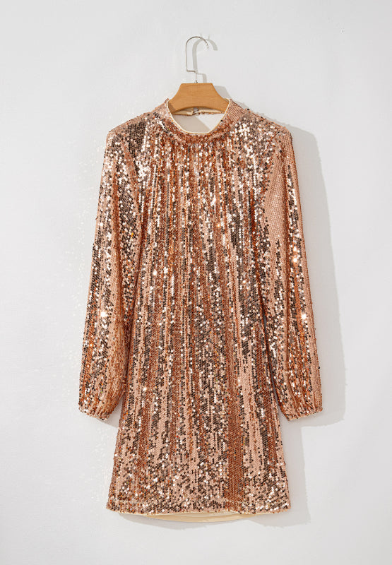 Backless Sequin Mock Neck Long Sleeve Mini Dress - Ladyez