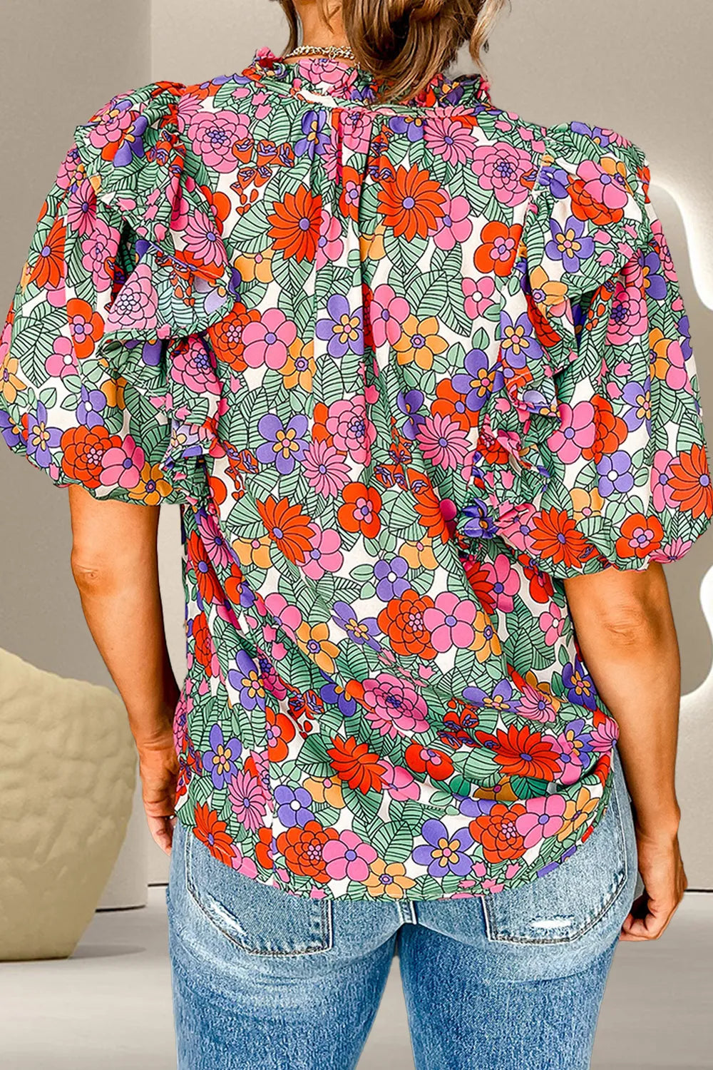 Ruffled Printed Tie Neck Short Sleeve Blouse