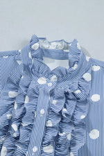 Stripe Contrast Polka Dot Print Pleated Ruffle Sleeve Shirt