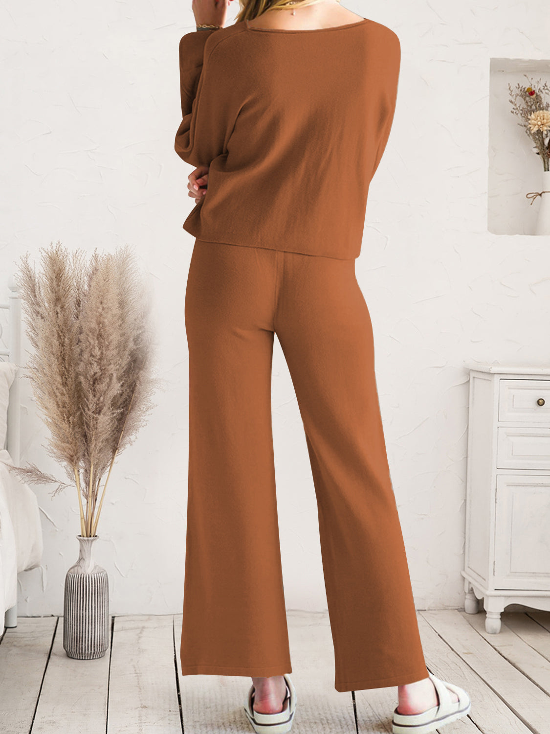 Long Sleeve Lounge Top and Drawstring Pants Set - Ladyez
