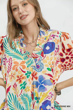 Umgee V-Neck Ruffle Trim Puff Sleeve Top