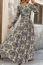 Printed V-Neck Long Sleeve Maxi Dress