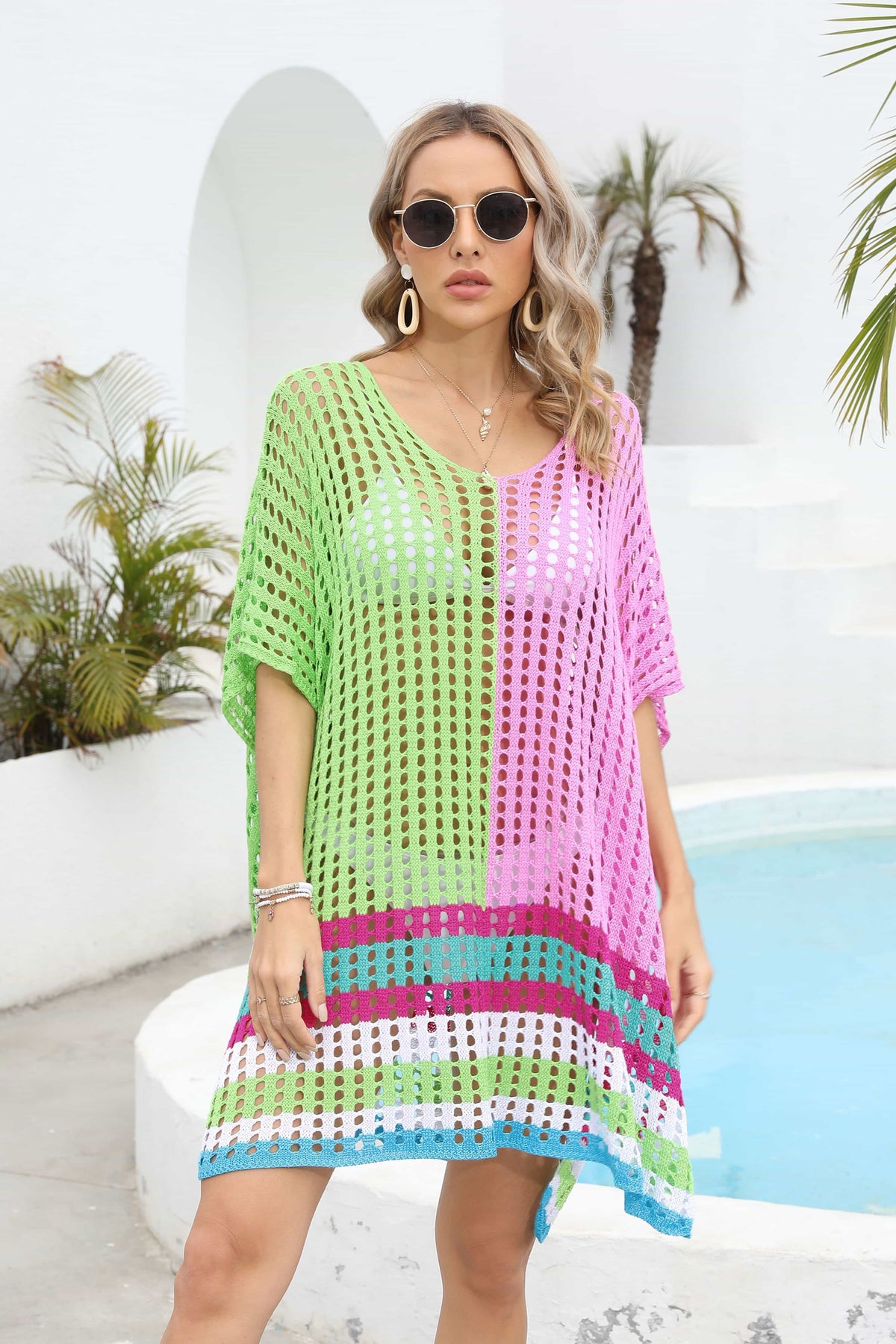 Contrast Scoop Neck Openwork Half Sleeve Cover Up - Ladyez