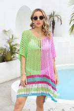 Contrast Scoop Neck Openwork Half Sleeve Cover Up - Ladyez
