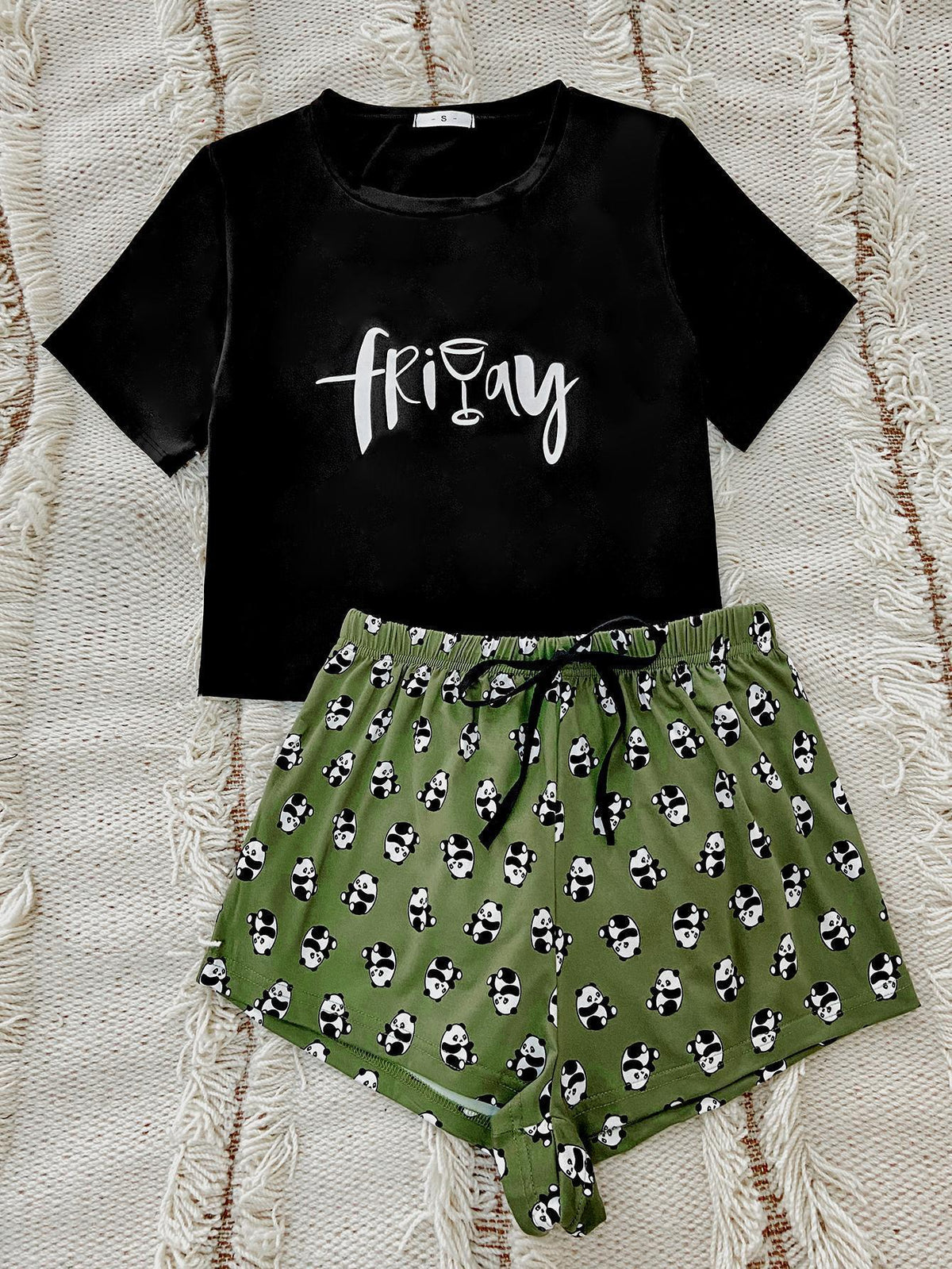 Graphic Tee and Panda Print Shorts Lounge Set - Ladyez