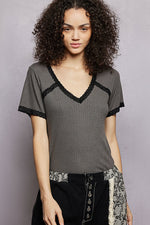 POL Lace Detail V-Neck Short Sleeve Textured T-Shirt