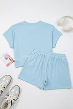 Solid Color Loose Tee Drawstring Shorts 2pcs Outfit Set