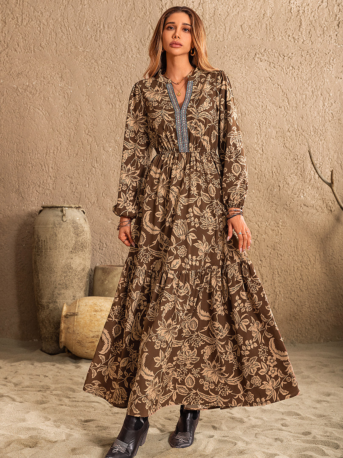 Ruched Printed Notched Long Sleeve Maxi Dress - Ladyez