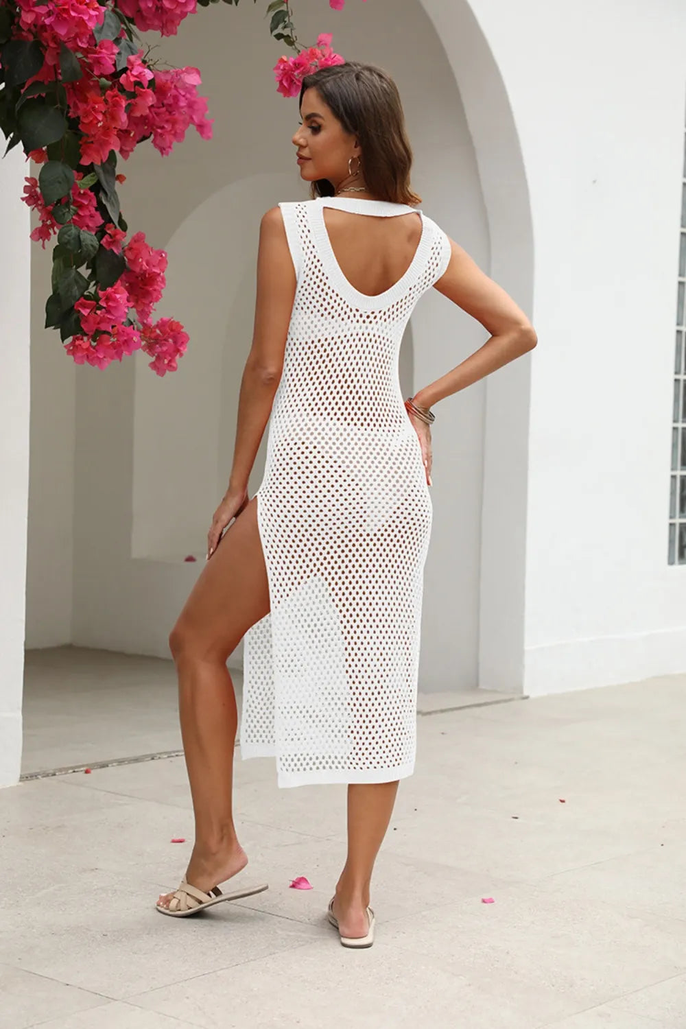 Cutout Openwork Round Neck Sleeveless Cover-Up - Ladyez
