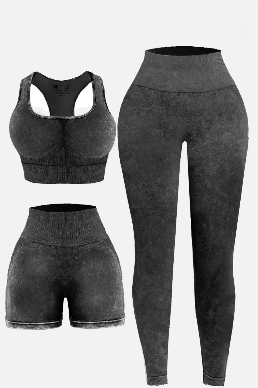 3 Piece Washed Square Neck Wide Strap Active Set - Ladyez