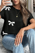 Bow Pattern Knit Short Sleeve Sweater