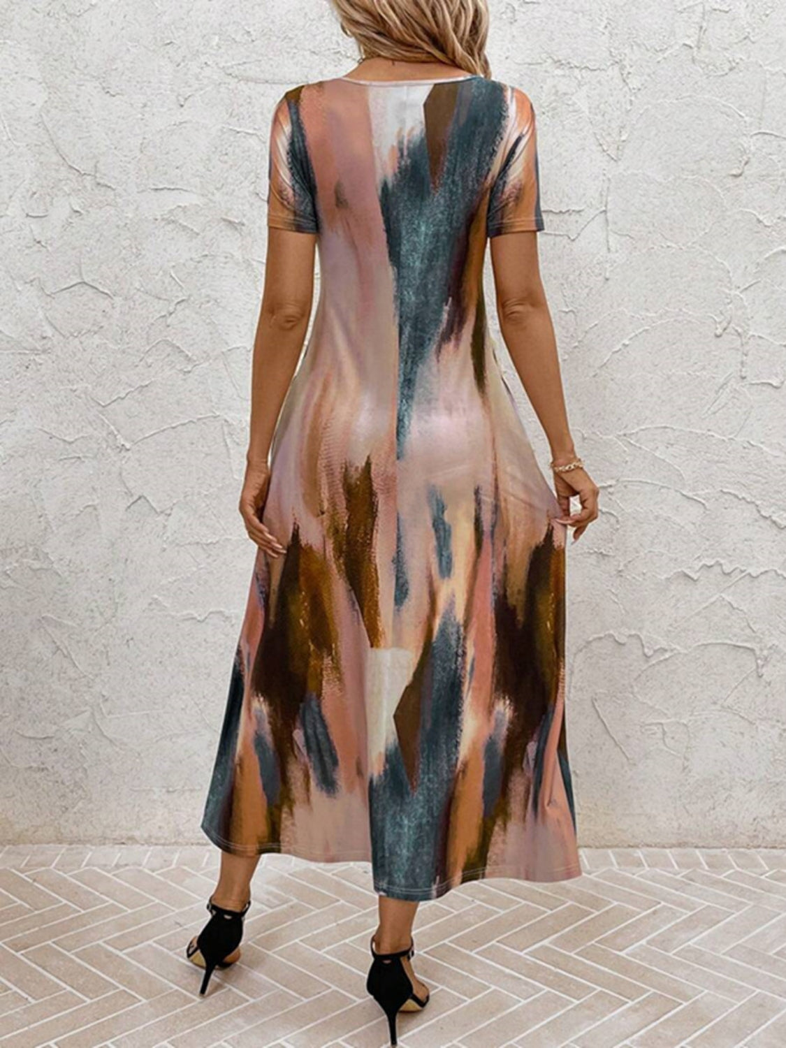 Tie-Dye V-Neck Short Sleeve Midi Tee Dress - Ladyez