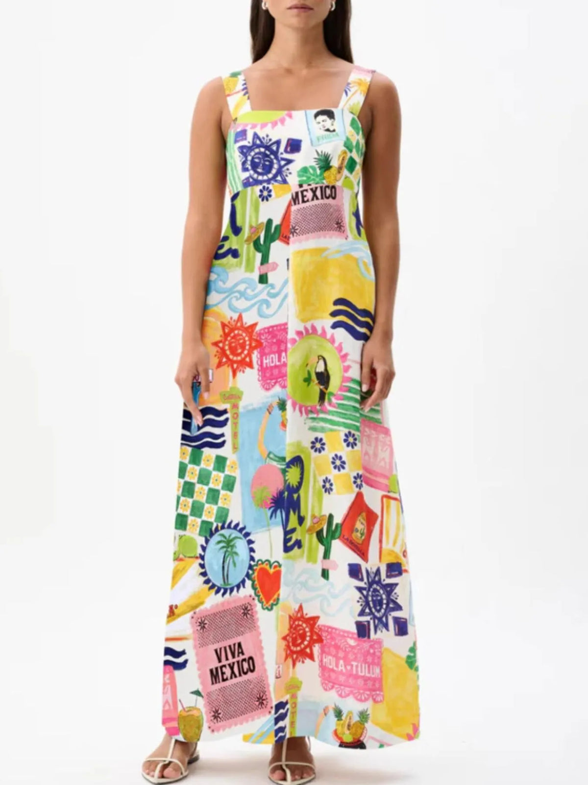Printed Square Neck Maxi Cami Dress - Ladyez
