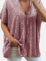 Full Size Sequin V-Neck Short Sleeve Top - Ladyez