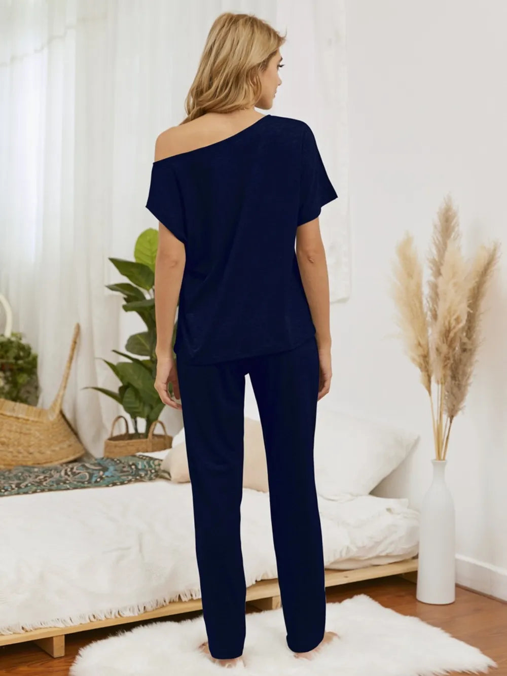 Boat Neck Top and Pants Lounge Set - Ladyez