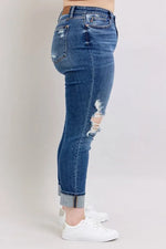 Judy Blue Full Size Mid Rise Boyfriend destroy Jeans with Yoke Pockets and Faux Selvedge Cuff Plus Size - Ladyez