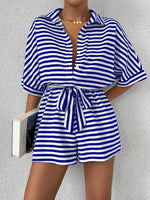 Tie Waist Half Button Striped Romper - Ladyez