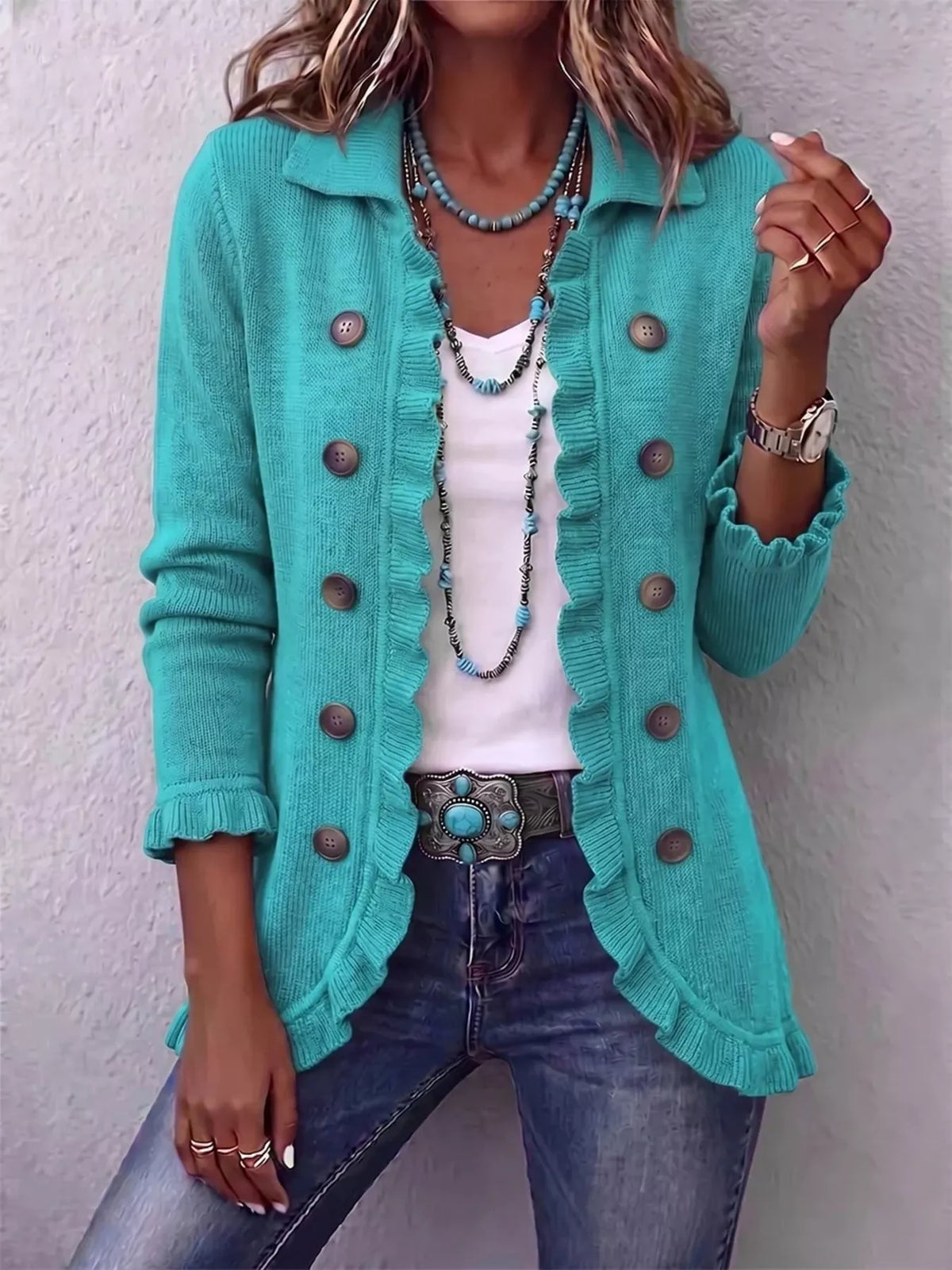 Full Size Ruffled Trim Decorative Button Cardigan Plus Size