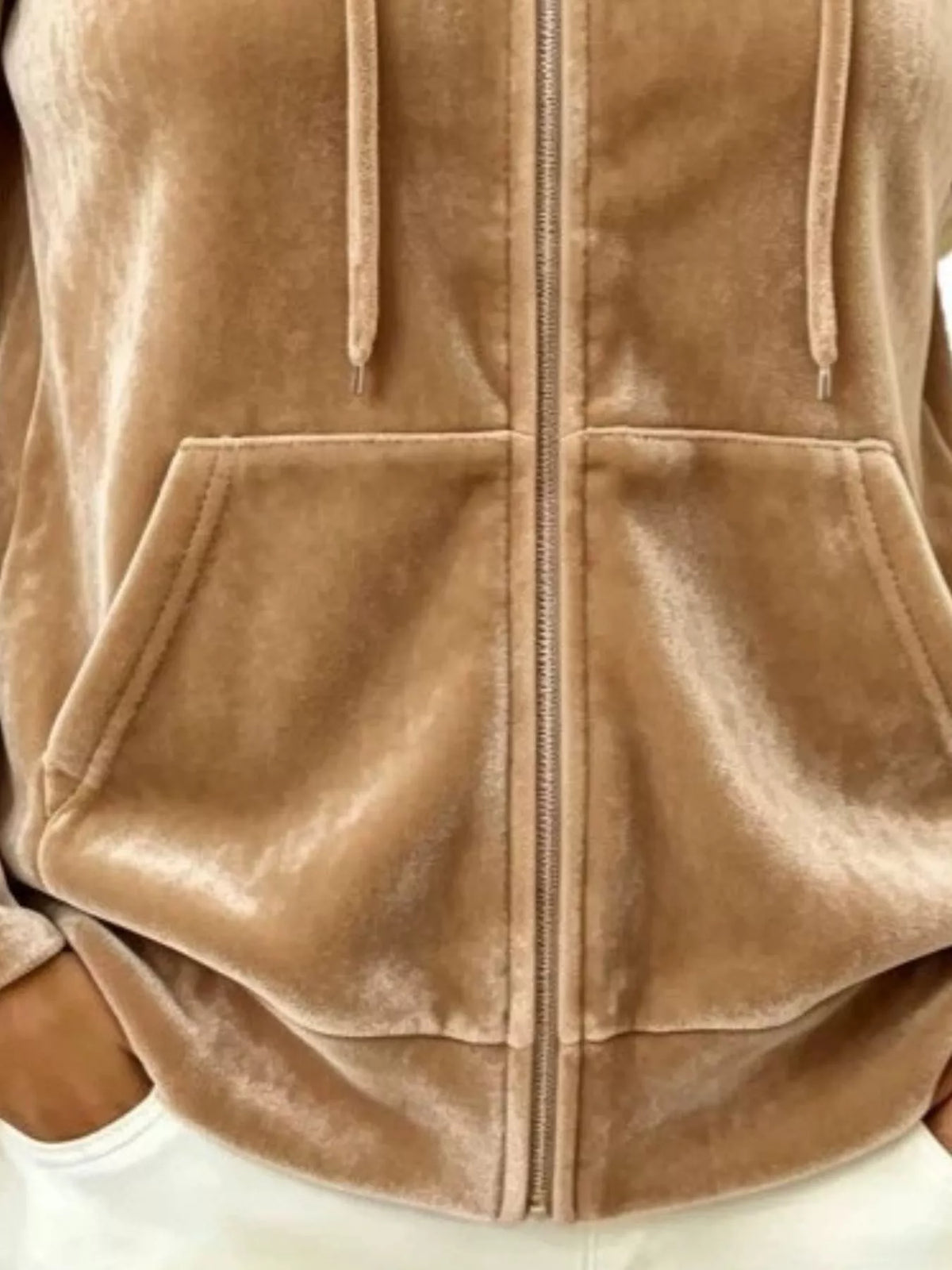 Full Size Velvet Zip-Up Outerwear with Drawstring Plus Size