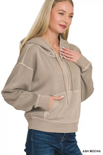 Zenana Fleece Pigment Dye Half Zip Kangaroo Pocket Hoodie