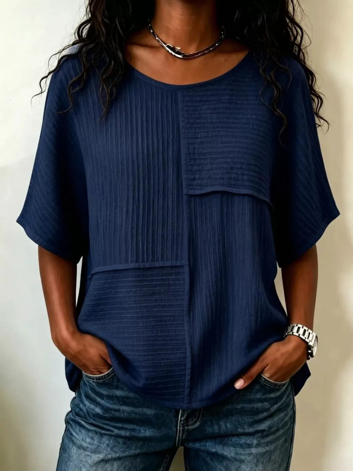 Full Size Texture Round Neck Half Sleeve Blouse Plus Size