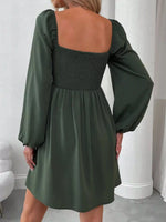Ruched Square Neck Long Sleeve A-Line Dress