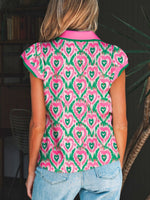 Abstract Heart In Heart Print Striped Trim Polo Collar Short Sleeve Blouse