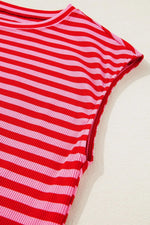 Stripe Ribbed Cap Sleeve Round Neck T Shirt