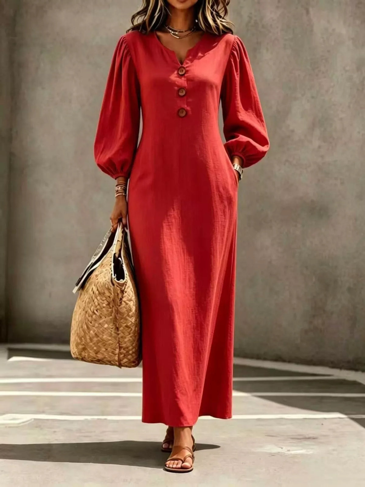 Decorative Button Balloon Sleeve Maxi Dress