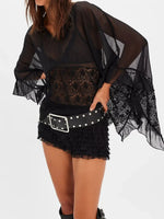 Lace V-Neck Ruffle Long Sleeve Cover-Up - Ladyez