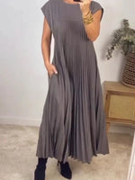 Full Size Pleated Round Neck Maxi Dress Plus Size - Ladyez