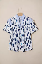 Abstract Animal Print Striped Ruffle Trim V Neck Blouse